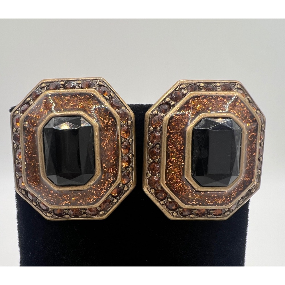 Bijoux New York Designs Vintage Clip On Earrings Black Amber Bronze Octagon